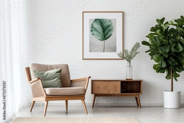 Fototapeta Modern Scandinavian living room with a poster frame, commode, vase with leaf, rattan armchair, book, and stylish accessories. Generative AI