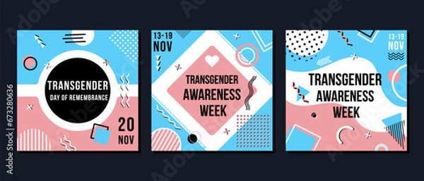 Fototapeta Transgender Awareness Week and Transgender Day of Remembrance. Square banner set for social media posts. Isolated vector collection. LGBT community and human rights event in November. Colors of trans 