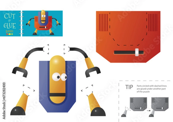 Obraz Cut and glue paper vector toy. Funny robotic character as a cardboard cutout model