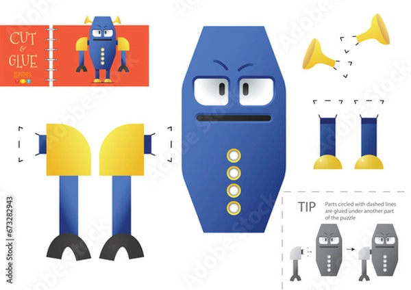 Fototapeta Cut and glue paper toy. Preschool kids vector educational worksheet