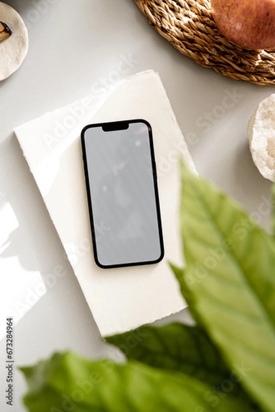 Fototapeta Blank path screen mobile phone with mockup copy space on neutral grey background with shadows.