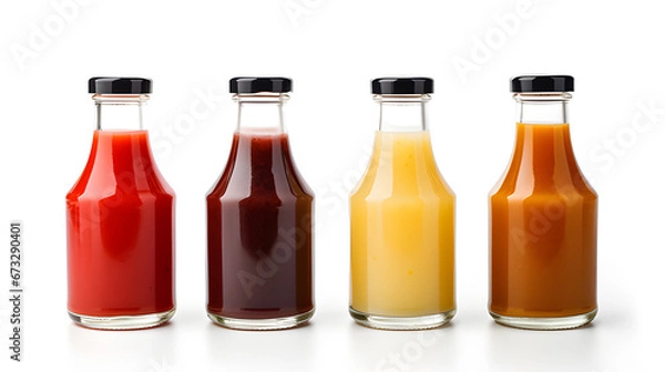 Fototapeta Sauces, Sauces isolated on white background, White sauce, cheese sauce, Soya sauce, Mustard sauce, Ketchup, Chili garlic