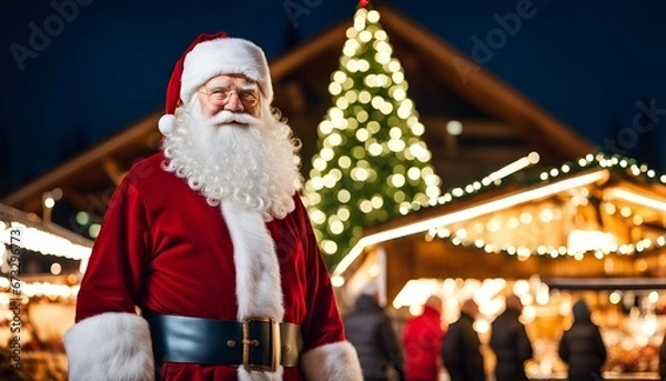 Obraz papa noel à gauche devant le marché de Noel