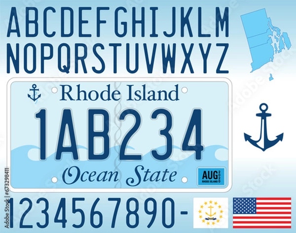 Fototapeta Rhode Island US state car license plate 2023 new pattern, letters, numbers and symbols, vector illustration, USA