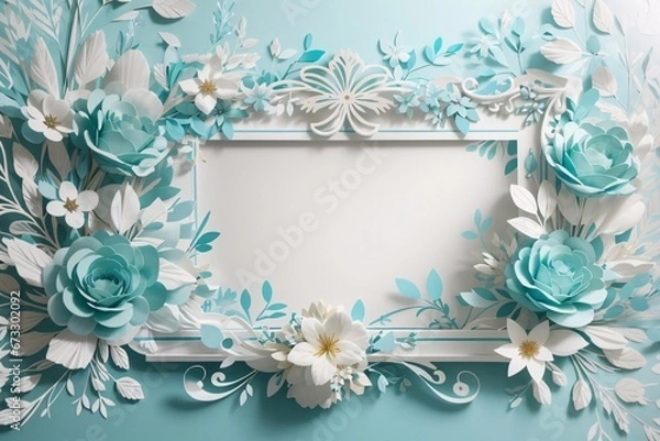 Fototapeta Background for party, birthday, wedding or graduation invitation in white color with floral frame with colorful decorations in soft art style. Generative Ai.