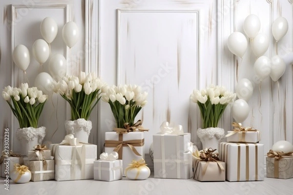 Fototapeta Easter Backdrop with Tulips, Presents, and Eggs