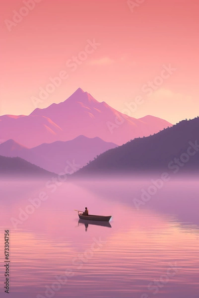 Obraz tranquil boat at serene lake at sunset, in style of pink, orange and purple, solitude and calmness concept