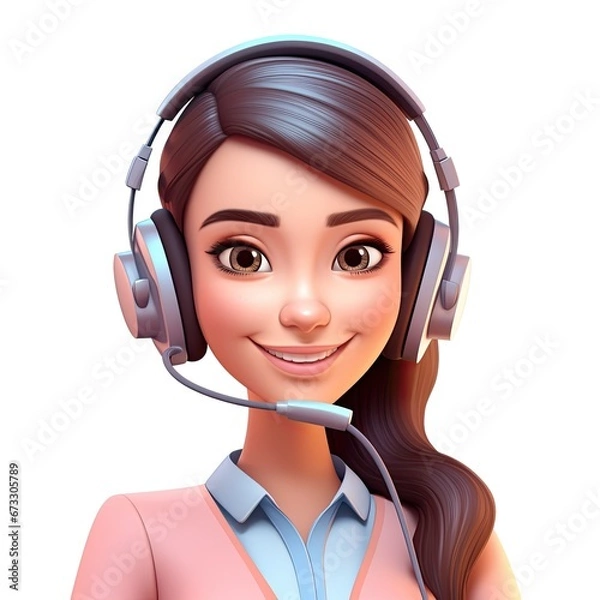 Fototapeta cartoon character cute avatar 24/7 technical support staff isolated on white background. three dimensional girl