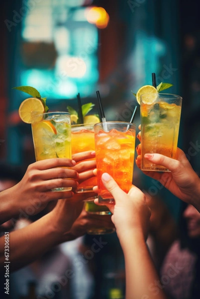 Obraz Close up of friends group cheering mojito drinks at bar restaurant, party time, cocktail close up