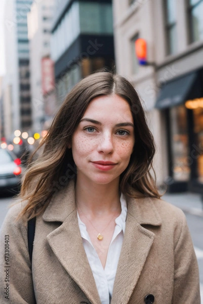 Fototapeta portrait of a businesswoman in the city in winter, wearing a coat