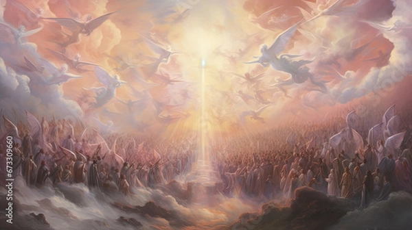 Fototapeta abstract artistic illustration, crowd of people and angels pray to heaven with yellow sunlight ray shine from above over cloudy sky, Generative Ai