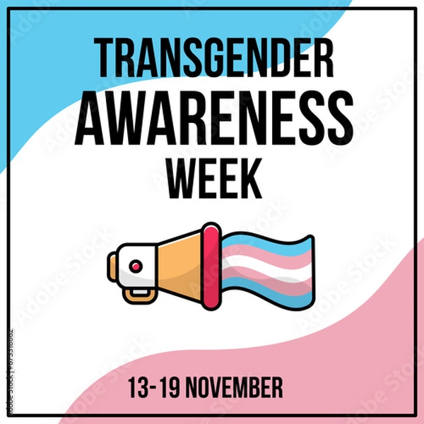 Fototapeta Transgender Awareness week. Minimalistic banner template for social media post. November event. Text with flat loudspeaker icon and trans flag. Transgender community symbol. Modern vector illustration
