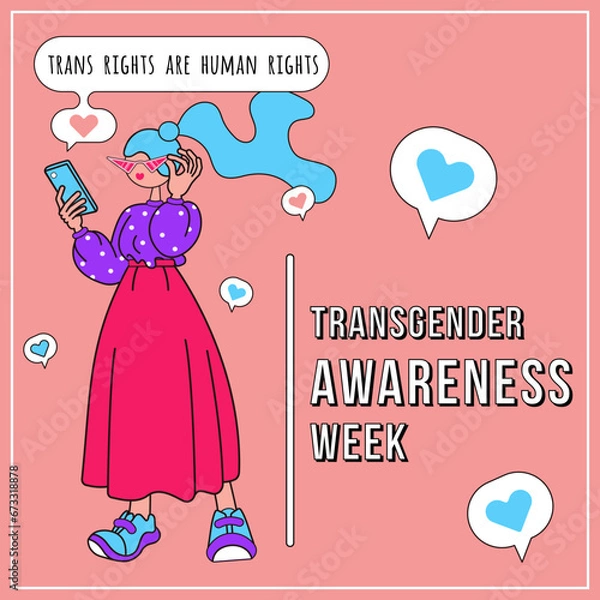 Fototapeta Transgender Awareness week. Square banner template for social media post. Human character with phone receives message Trans rights are human rights. Playful cheerful design. Modern vector illustration