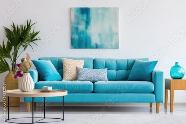 Fototapeta Bright blue couch and throw pillows in contemporary living room Social media banner with styled home still lifestyle image