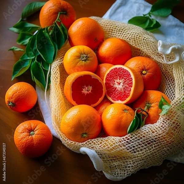 Fototapeta Wicker basket with fresh grapefruits on wooden table. Made with generative ai. 