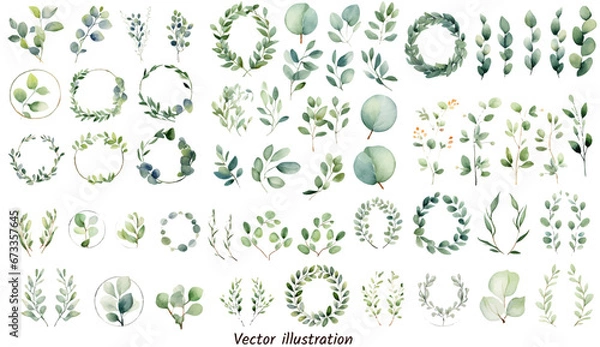 Obraz Exotic plants leaf set on an isolated white background, watercolor vector illustration. Wedding frame elements collection. Elegant foliage design for wedding, card, invitation, greeting
