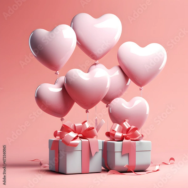 Fototapeta 3D Heart Shaped Balloons and Gift Boxes Flying on Pink Background, Valentine's Day Concept