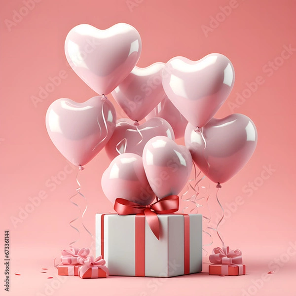Obraz 3D Heart Shaped Balloons and Gift Boxes Flying on Pink Background, Valentine's Day Concept
