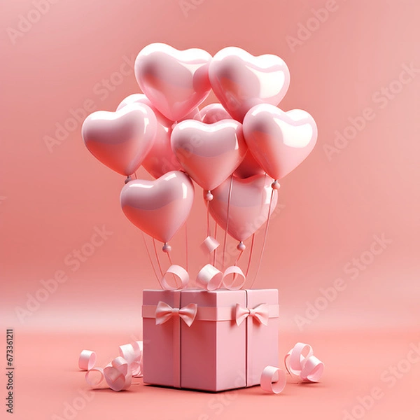 Obraz 3D Heart Shaped Balloons and Gift Boxes Flying on Pink Background, Valentine's Day Concept