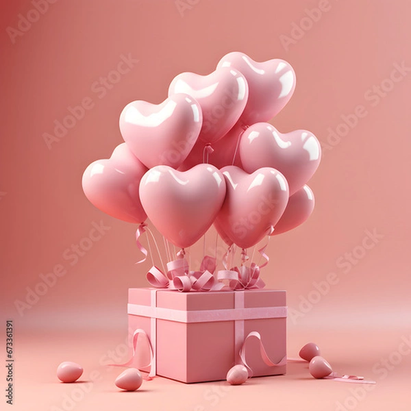 Obraz 3D Heart Shaped Balloons and Gift Boxes Flying on Pink Background, Valentine's Day Concept