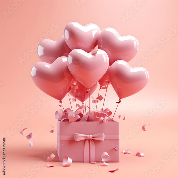 Obraz 3D Heart Shaped Balloons and Gift Boxes Flying on Pink Background, Valentine's Day Concept