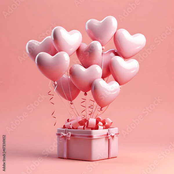 Obraz 3D Heart Shaped Balloons and Gift Boxes Flying on Pink Background, Valentine's Day Concept