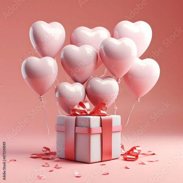 Obraz 3D Heart Shaped Balloons and Gift Boxes Flying on Pink Background, Valentine's Day Concept