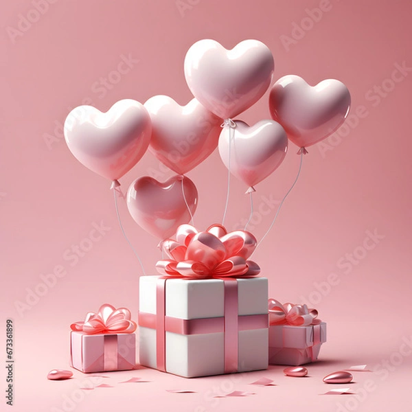 Obraz 3D Heart Shaped Balloons and Gift Boxes Flying on Pink Background, Valentine's Day Concept