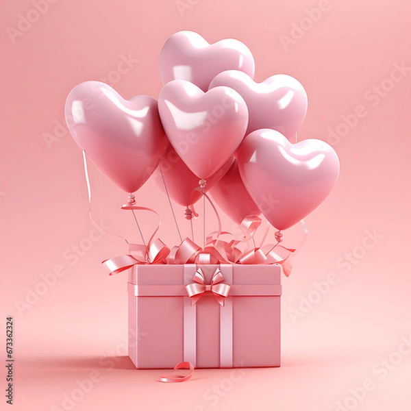 Obraz 3D Heart Shaped Balloons and Gift Boxes Flying on Pink Background, Valentine's Day Concept