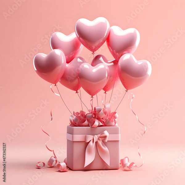Obraz 3D Heart Shaped Balloons and Gift Boxes Flying on Pink Background, Valentine's Day Concept