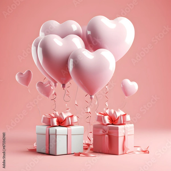 Obraz 3D Heart Shaped Balloons and Gift Boxes Flying on Pink Background, Valentine's Day Concept