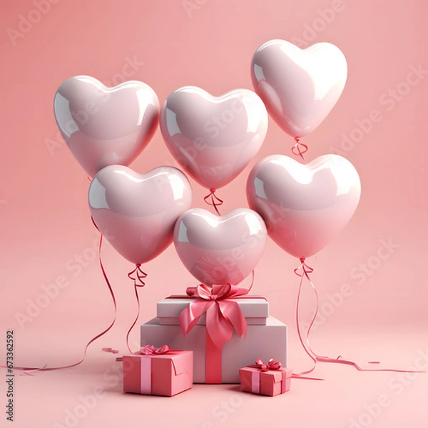 Obraz 3D Heart Shaped Balloons and Gift Boxes Flying on Pink Background, Valentine's Day Concept