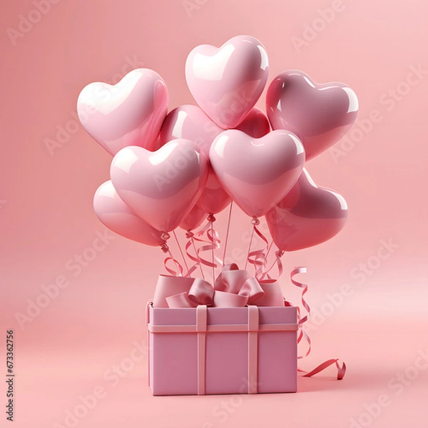 Obraz 3D Heart Shaped Balloons and Gift Boxes Flying on Pink Background, Valentine's Day Concept
