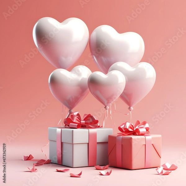 Obraz 3D Heart Shaped Balloons and Gift Boxes Flying on Pink Background, Valentine's Day Concept