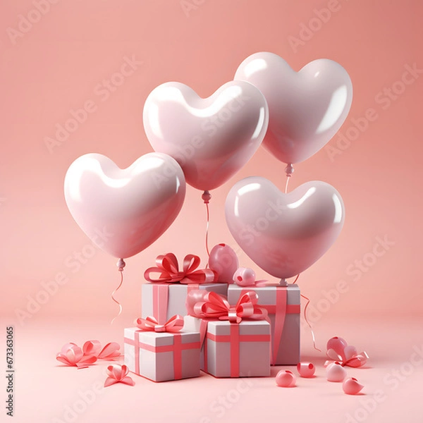 Obraz 3D Heart Shaped Balloons and Gift Boxes Flying on Pink Background, Valentine's Day Concept