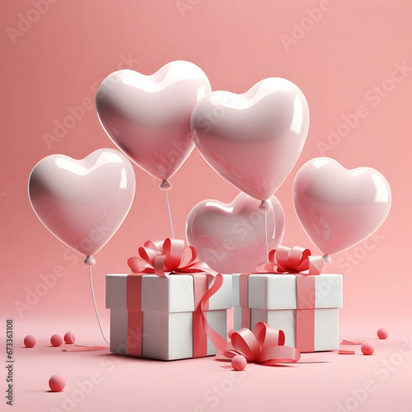 Obraz 3D Heart Shaped Balloons and Gift Boxes Flying on Pink Background, Valentine's Day Concept