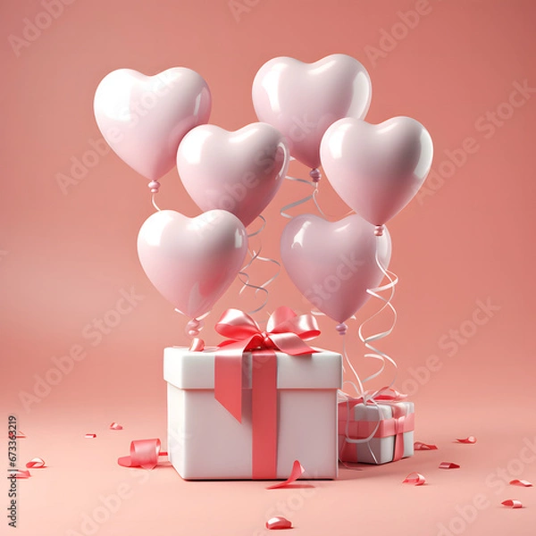 Obraz 3D Heart Shaped Balloons and Gift Boxes Flying on Pink Background, Valentine's Day Concept