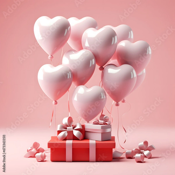Obraz 3D Heart Shaped Balloons and Gift Boxes Flying on Pink Background, Valentine's Day Concept