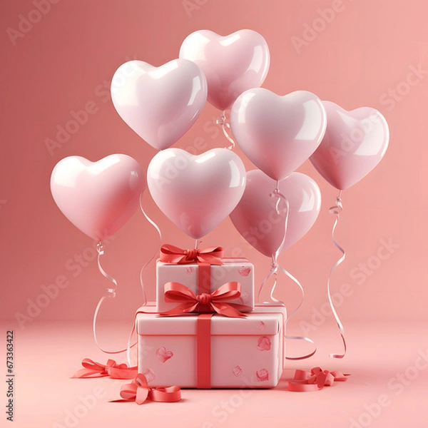 Obraz 3D Heart Shaped Balloons and Gift Boxes Flying on Pink Background, Valentine's Day Concept