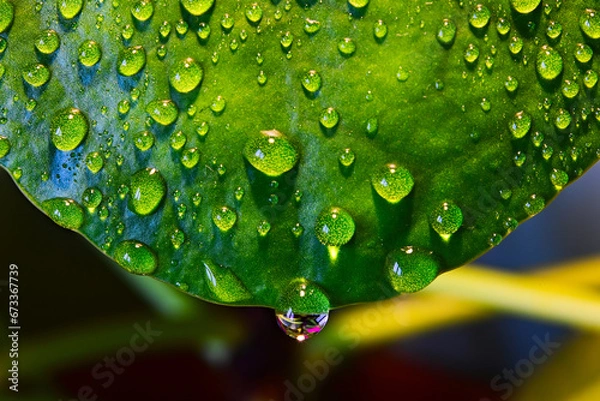 Obraz Raindrop on a green leaf.