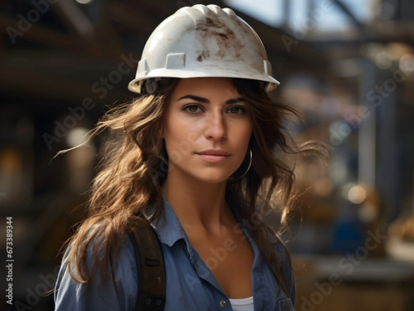 Fototapeta A woman is wearing a hard hat on a construction site,