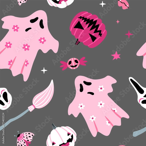 Fototapeta Pattern with pink ghostsHalloween seamless pattern with pink ghosts, pumpkins, broom, stars, fangs, spirits. Vector illustration background for halloween.