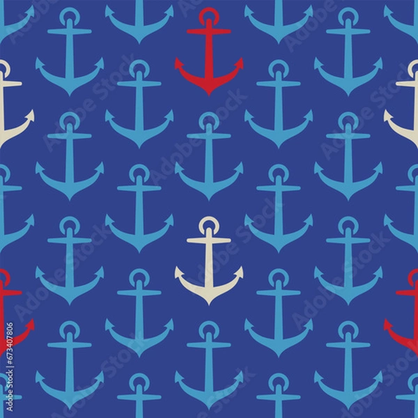 Fototapeta Vector pattern with anchor in retro style. Vector vintage seamless pattern in marine style with anchors.
