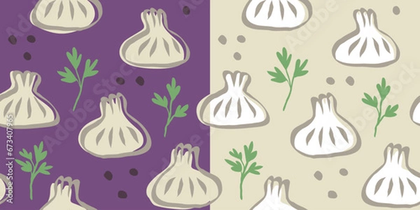 Fototapeta Vector seamless pattern of Georgian food of khinkali in doodle style. Khinkali, food of Georgia.