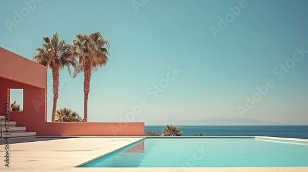 Obraz Luxury villa with a swimming pool near the sea. Turquoise water, clear sky, and palm trees. Tropical resort, summer vacation. Copy space.