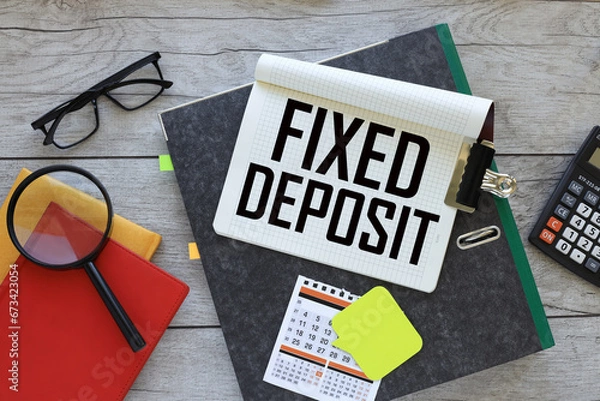 Obraz FIXED DEPOSITS - text on a notebook on a folder. red notepad. magnifying glass