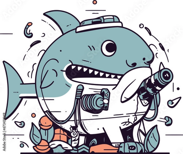 Fototapeta Cute cartoon shark with a camera in his hand. Vector illustration.