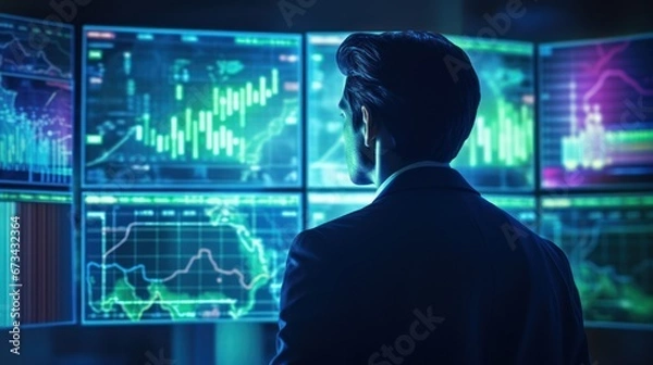 Fototapeta Financial analyst man follows stock prices on a big screen