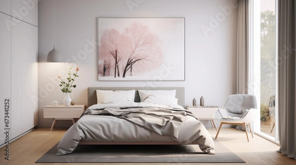 Obraz modern, Scandinavian style bedroom with art on the wall, minimalist hotel room in beautiful light colours