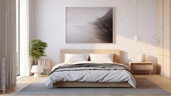 Fototapeta modern, Scandinavian style bedroom with art on the wall, minimalist hotel room in beautiful light colours